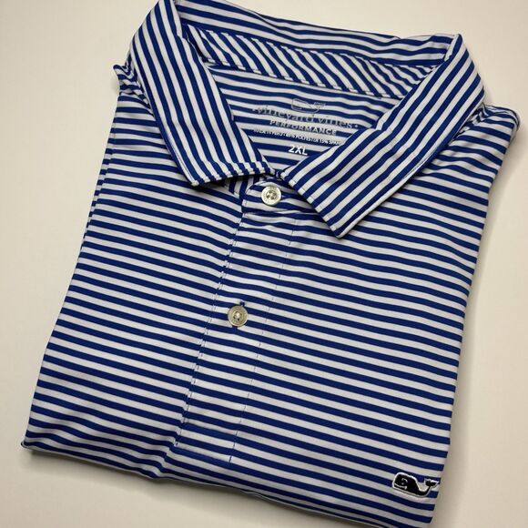 Vineyard Vines Performance Polo Shirt Mens XXL Blue White Stripe Golf Whale Logo - Picture 2 of 7